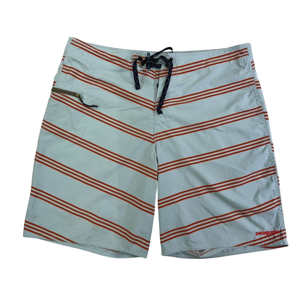 Patagonia Board Shorts Mens 34 Blue Orange Striped Swim Trunks Zipper Pocket